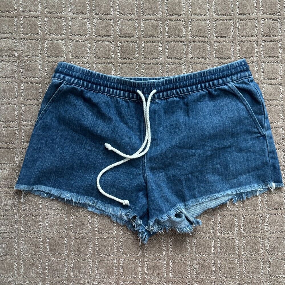 Aerie Pull-On Denim Jean Shorts Women's Medium Blue Elastic Waist Raw Hem Soft